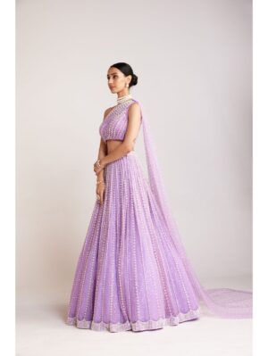 Vvani Vats - Lilac pearl embellished lehenga paired with one shoulder blouse with pearl cheetah trail. - Image 2