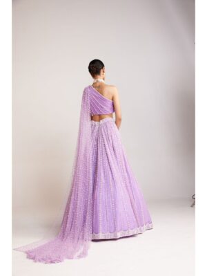 Vvani Vats - Lilac pearl embellished lehenga paired with one shoulder blouse with pearl cheetah trail. - Image 3