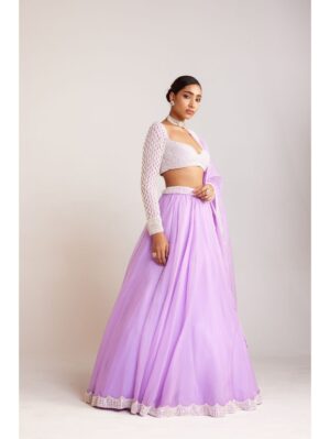 Vvani Vats - Lilac pearl embellished organza lehenga paired with sweetheart neck pearl drop full sleeve blouse - Image 2