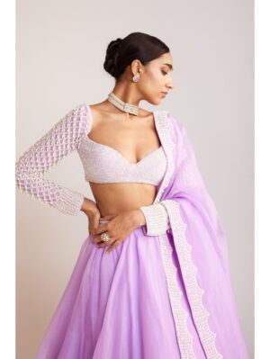 Vvani Vats - Lilac pearl embellished organza lehenga paired with sweetheart neck pearl drop full sleeve blouse - Image 4