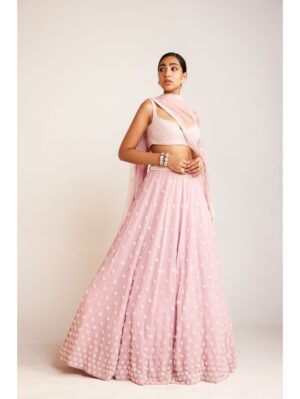 Vvani Vats - Powder pink pearl flower lehenga paired with pearl drop full sleeve blouse - Image 2