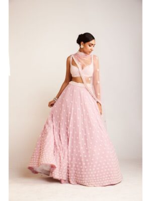 Vvani Vats - Powder pink pearl flower lehenga paired with pearl drop full sleeve blouse - Image 3