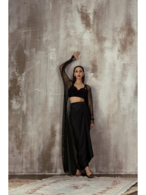 Jigar Mali - Black Drape Dhoti Skirt & Jacket Set - Image 3
