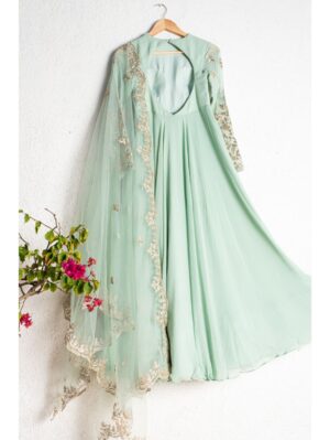 Anisha Shetty - HIMALAYAN MINT GREEN ANARKALI WITH SCALLOP EMBROIDERED DUPATTA - Image 3