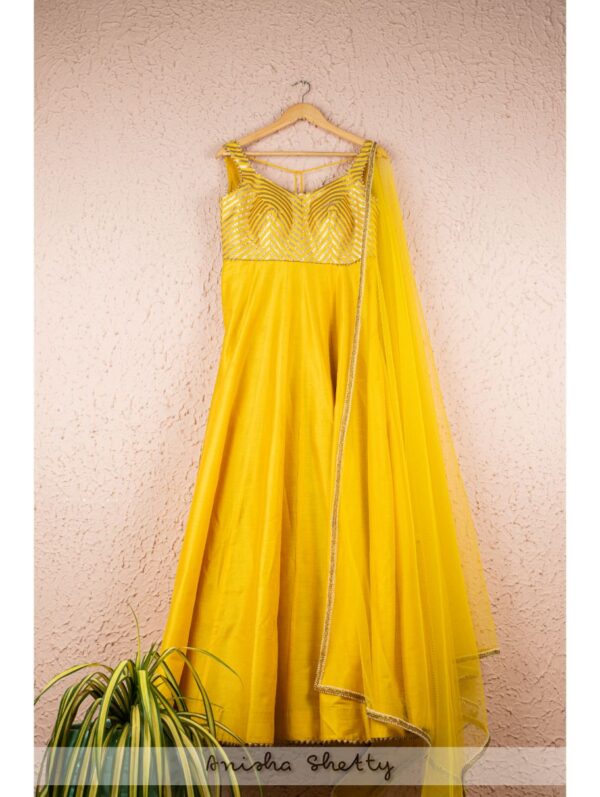 Anisha Shetty - YELLOW GOTA ANARKALI WITH NET  DUPATTA