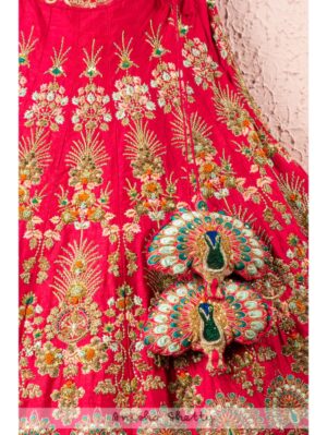 Anisha Shetty - STRAWBERRY PINK EMBROIDERED BRIDAL LEHENGA SET WITH PEACOCK & ELEPHANT DETAILS - Image 2