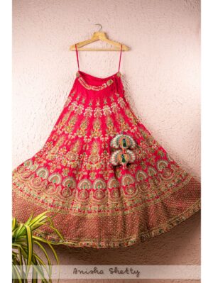 Anisha Shetty - STRAWBERRY PINK EMBROIDERED BRIDAL LEHENGA SET WITH PEACOCK & ELEPHANT DETAILS - Image 8