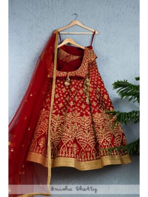 Anisha Shetty - DEEP RED GOTA PATTI BRIDAL LEHENGA - Image 8