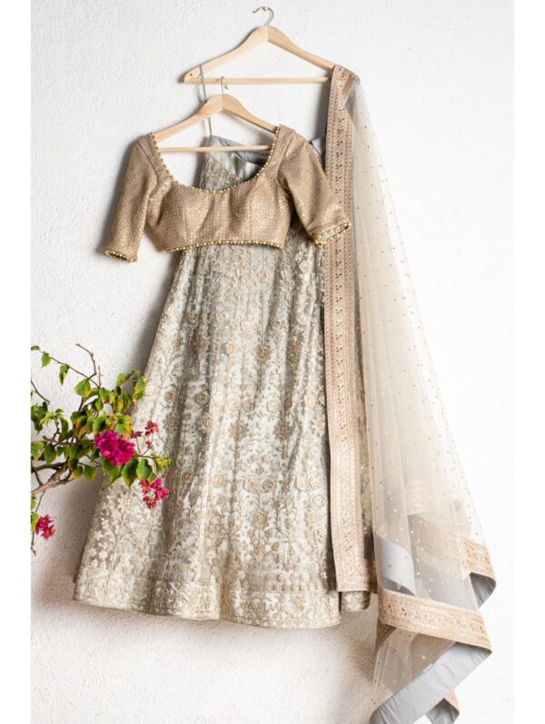 Anisha Shetty - PEARL RIVER GREY LEHENGA SET