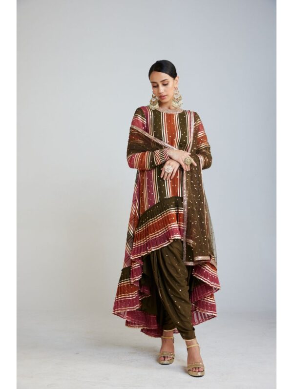 Vvani Vats - Olive Green Asymmetrical Kurta Dhoti Set