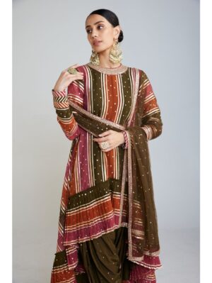Vvani Vats - Olive Green Asymmetrical Kurta Dhoti Set - Image 2