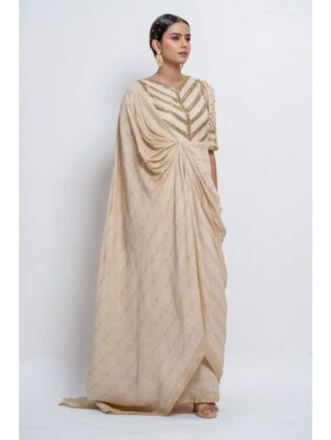 Abstract by Megha - Featuring a concept saree  drape dress with v neck, elbow puffed sleeves, golden sequins & beads - Image 4