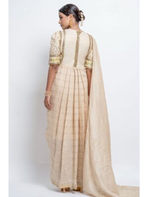 Abstract by Megha - Featuring a concept saree  drape dress with v neck, elbow puffed sleeves, golden sequins & beads - Image 3