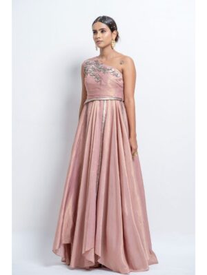 Abstract by Megha - Featuring  one shoulder circular  gown with uneven hemline  having 3D floral embellishment - Image 3