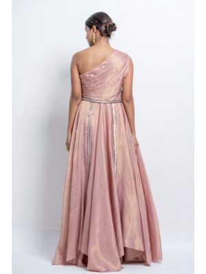 Abstract by Megha - Featuring  one shoulder circular  gown with uneven hemline  having 3D floral embellishment - Image 2