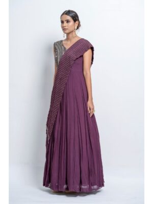 Abstract by Megha - Featuring flared saree gown with embellished choli having  V neckline and extended shoulders . - Image 3