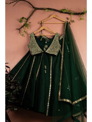Anisha Shetty - EMERALD GREEN MIRRORWORK LEHENGA SET - Image 2