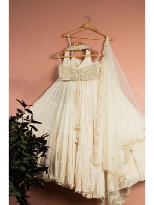 Anisha Shetty - IVORY LAYERED PEARL LEHENGA SET - Image 2