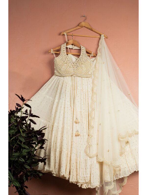 Anisha Shetty - IVORY LAYERED PEARL LEHENGA SET