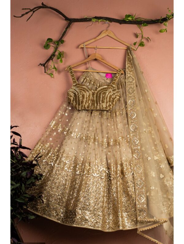 Anisha Shetty - NUDE GOLD SEQUIN LEHENGA SET