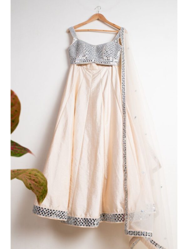 Anisha Shetty - CHAMPANGE CREAM MIRROR LEHENGA SET
