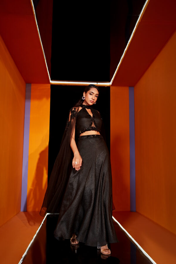 Roqa - Pleated blouse with attached cape and Sharara pants