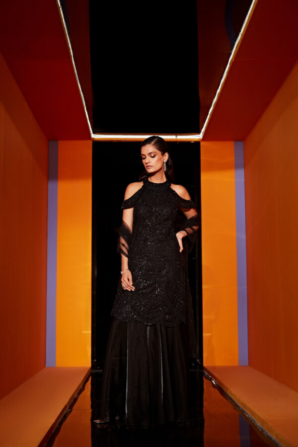 Roqa - Black straight shirt and dupatta paired with organza Sharara