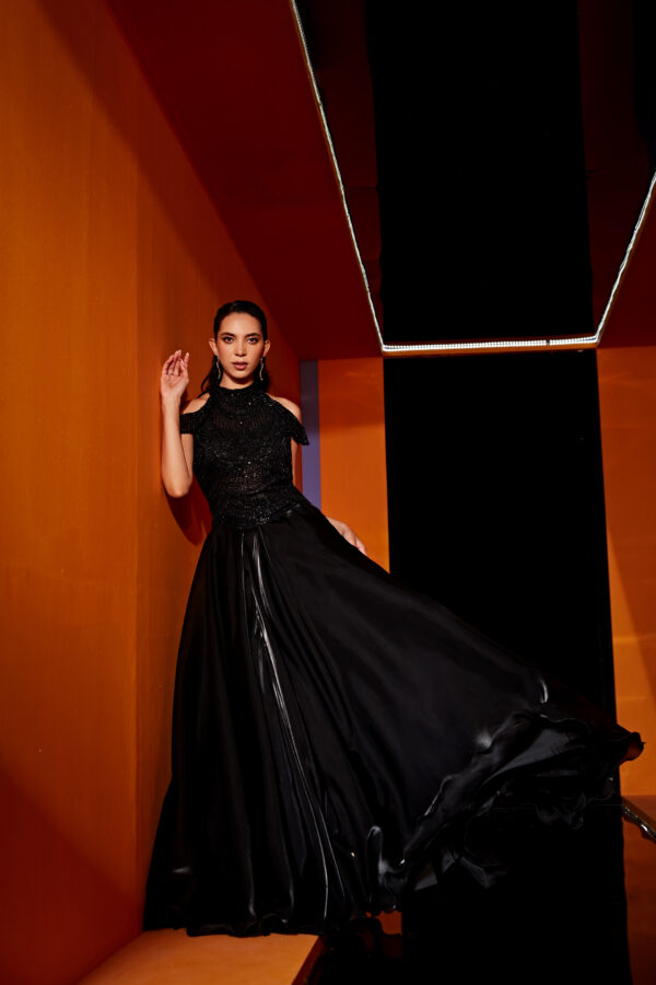 Roqa - Black organza gown with tonal embroidery.