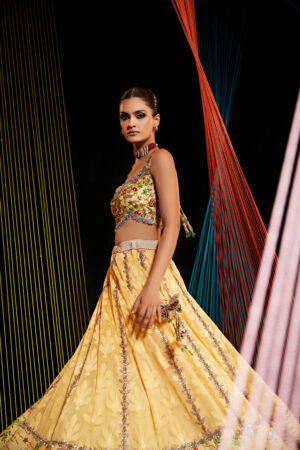 Roqa - Yellow banarasi lehenga set with threadwork embroidery - Image 2