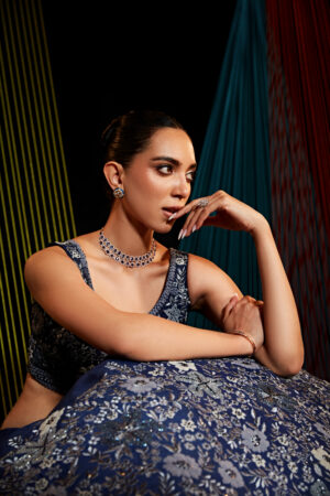 Roqa - Navy blue silk lehenga with grey floral embroidery - Image 2