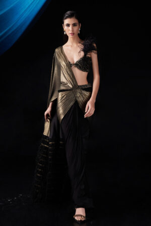 Roqa - Hand embroidered blouse paired with a pre-stitched saree. - Image 3