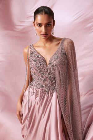 Roqa - Soft Pink hand embroidered saree gown - Image 4