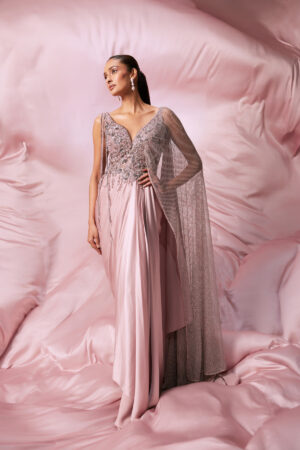 Roqa - Soft Pink hand embroidered saree gown - Image 3