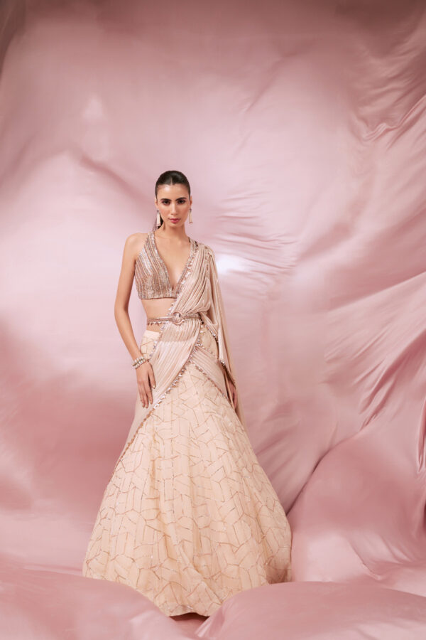 Roqa - Rose Pink lehenga saree with an attached drape.
