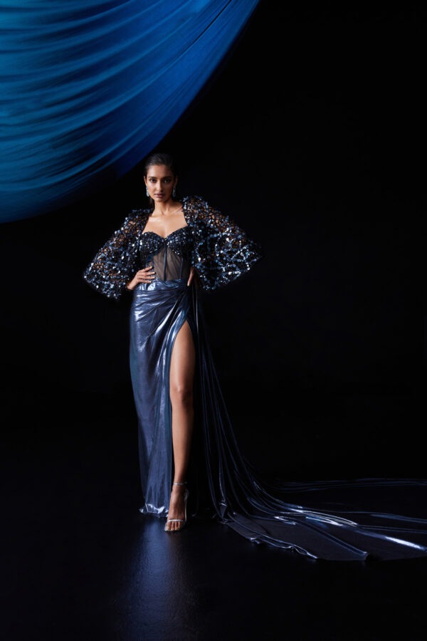 Roqa - Metallic Blue Corset Gown with a separate cape.
