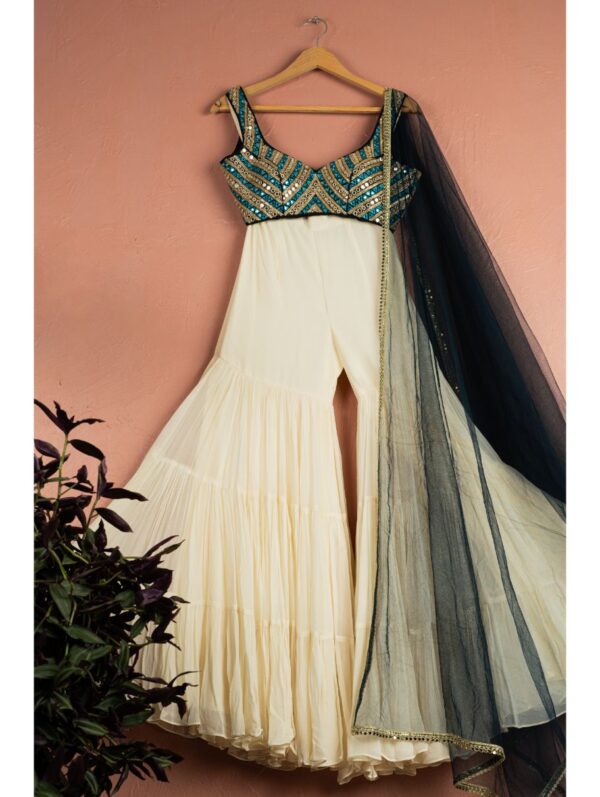 Anisha Shetty - IVORY MIDNIGHT BLUE MIRROR MAGIC SHARARA SET