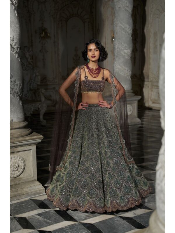 Seema Gujral - Emerald Green Scalloped Lehenga Set