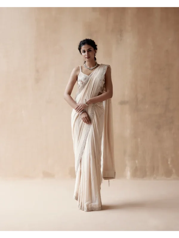 Aman Takyar - Ivory saree and blouse with floral thread embroidery