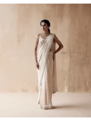 Aman Takyar - Ivory saree and blouse with floral thread embroidery - Image 2