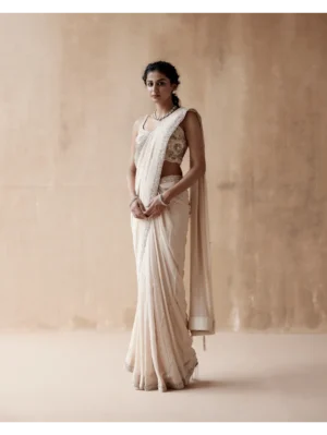 Aman Takyar - Ivory saree and blouse with floral thread embroidery - Image 3