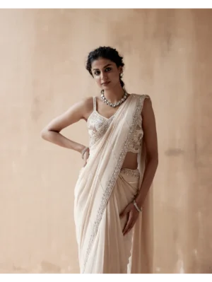 Aman Takyar - Ivory saree and blouse with floral thread embroidery - Image 4