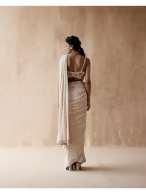 Aman Takyar - Ivory saree and blouse with floral thread embroidery - Image 6