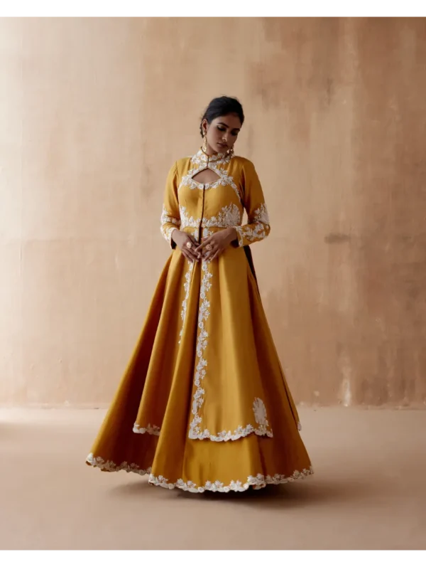 Aman Takyar - Mustard jacket with white floral thread embroidery