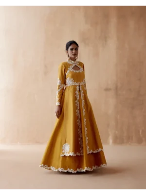 Aman Takyar - Mustard jacket with white floral thread embroidery - Image 2