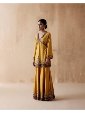 Aman Takyar - Mustard kurta sharara with velvet patchwork floral thread embroidery - Image 5