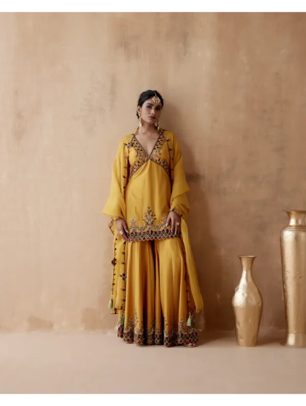 Aman Takyar - Mustard kurta sharara with velvet patchwork floral thread embroidery