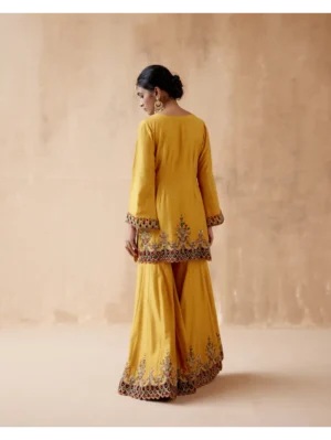 Aman Takyar - Mustard kurta sharara with velvet patchwork floral thread embroidery - Image 2