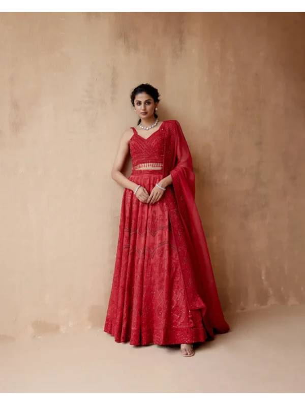Aman Takyar - Red organza lehenga set with floral thread embroidery