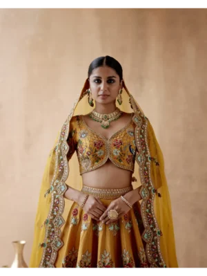 Aman Takyar - Mustard dupion silk lehenga set with floral thread embroidery - Image 2