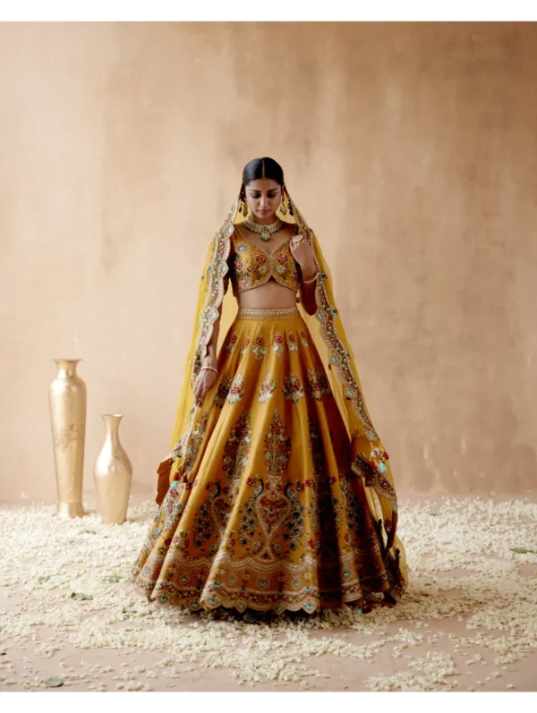Aman Takyar - Mustard dupion silk lehenga set with floral thread embroidery